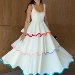 Contrast Ruffle Maxi Dress with Flared Sleeves - Beach & Resort Boho Style
