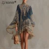 Boho High Neck Mini Dress – Puff Sleeves Embroidery Vacation Ready