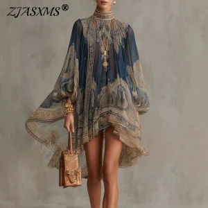 Boho High Neck Mini Dress - Puff Sleeves Embroidery Vacation Ready
