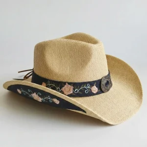 Boho Straw Cowboy Hat with Gemstone Concho Detail - Beach Vacation & Festival Ready