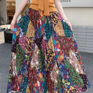 Colorful Bohemian Floral Maxi Skirt - High Waist A-Line - Vacation Ready