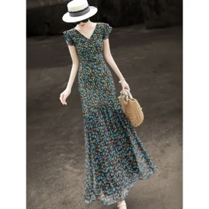 French Floral Chiffon Midi Dress with Flutter Sleeves - Vacation & Garden Party Ready