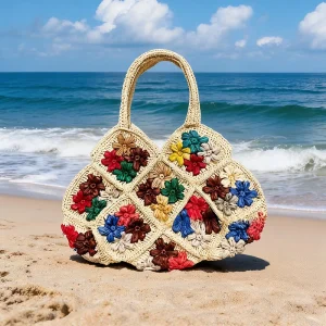 Handmade Palm Leaf Crochet Woven Tote Bag - Beach Vacation & Everyday Escape Ready