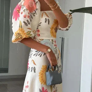 Boho Floral Square Neck Dress with Puff Sleeves - Vacation & Wedding Guest Ready