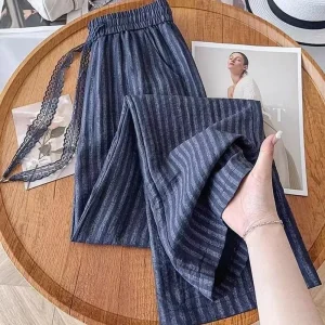 Striped Cotton Linen Wide-Leg Trousers - Beach & Everyday Boho Style