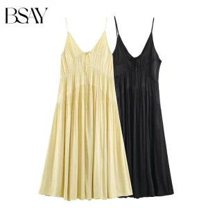 Boho Satin Pleated Slip Dress - Resort Party Elegance
