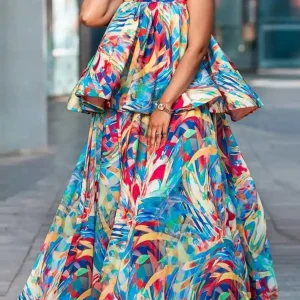 Plus Size Boho Two Piece Set - Sleeveless Top & Printed Skirt for Summer