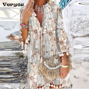 Vintage Print Tassel Mini Dress - V Neck & Fringe Detail