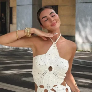 White Crochet Halter Mini Dress with Backless Detail - Summer Beach Cover Up