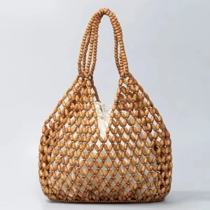 Handmade Wooden Beaded Woven Tote Bag - Beach Vacation & Artisan Boho Style