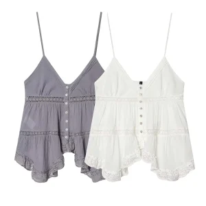 White Lace Trim Peplum Cami Top with Ruffle Hem - Summer Vacation & Brunch Ready