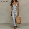 Satin Hollow Out Maxi Dress – Deep V Neck for Beach Vacation & Resort