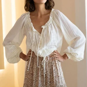 Organic Cotton Boho Blouse - Lace V Neck & Lantern Sleeves for Autumn Gatherings