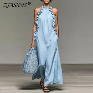 Boho Halter Maxi Dress - Ruffle Trim - Beach Vacation Ready