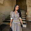 Boho Colorful Stripe Shirt Maxi Dress Set with Button Front – Graduation & Resort Ready