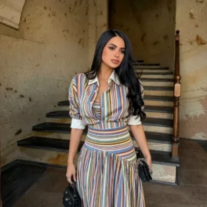 Boho Colorful Stripe Shirt Maxi Dress Set with Button Front - Graduation & Resort Ready