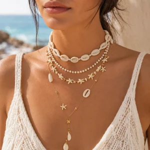 Boho Layered Starfish Necklace Set - Y Lariat Choker - Beach & Festival Style