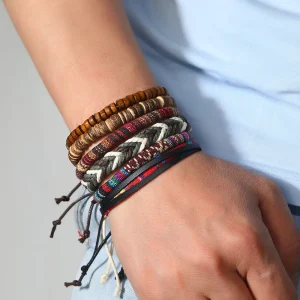 Handwoven Leather & Wooden Bead Stacked Bracelet - Artisan Heritage Style
