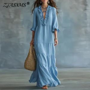 Boho Ruffle Tiered Maxi Dress with V Neck & Flowy Flare Sleeves - Beach Vacation & Resort Ready