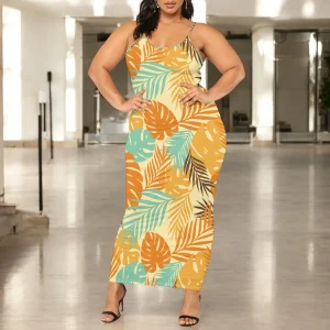 Plus Size Tropical Print Maxi Dress - Spaghetti Straps for Beach Holidays & Resort