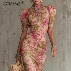 Boho High Neck Maxi Dress - Floral Ruffle Puff Sleeve Party Style