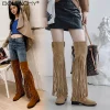 Boho Fringe Over The Knee Boots with Faux Suede Texture – Winter Festival & Western Statement Style