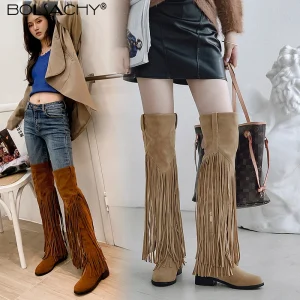 Boho Fringe Over The Knee Boots with Faux Suede Texture - Winter Festival & Western Statement Style