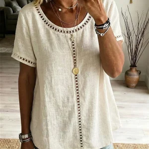 Cotton Linen Peasant Top with Hollow Lace Trim and Relaxed Fit - Everyday Summer Boho Style