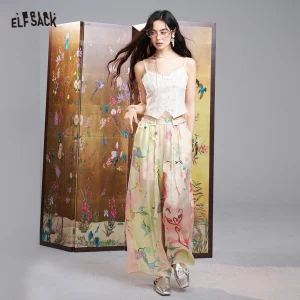 Boho Watercolor Floral Palazzo Pants - Drawstring Wide Leg Comfort