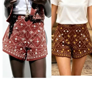 Boho Wide Leg Denim Shorts with Red Embroidery - Festival & Summer Ready