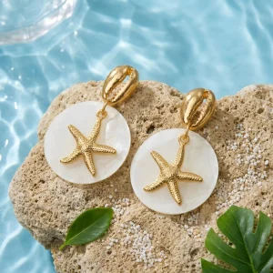 Statement Earrings – Tropical Starfish & Cowrie Shell Drops – Beach Vacation Boho Elegance