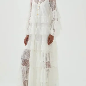 Lace Tiered Midi Dress with Lantern Sleeves for Resort Days and Summer Gatherings