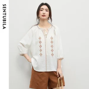 Bohemian Embroidered Chiffon Puff Sleeve Blouse with V-Neck Tie - Spring Vacation & Casual Chic Style