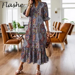Plus Size Boho Printed Maxi Dress with V Neck and Half Sleeves - Beach Vacation Ready
