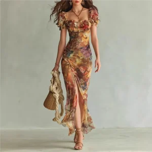 Floral Maxi Dress - Square Neck Ruched Split - Summer Party Style
