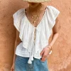 French Lace Embroidery Cotton Blouse with Flutter Sleeves – Romantic Summer Casual Boho Top