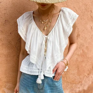 French Lace Embroidery Cotton Blouse with Flutter Sleeves - Romantic Summer Casual Boho Top