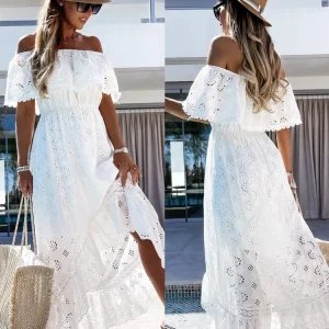 Boho Lace Maxi Dress - Off Shoulder Embroidery - Beach & Resort Ready