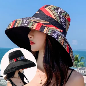 Boho Cotton Bucket Hat with Wired Wide Brim & Chin Strap - Beach Travel & Outdoor Ready