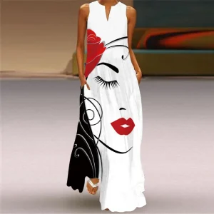 Vintage Print Boho Maxi Dress with V Neck & Pocket Detail - Beach Vacation & Resort Ready
