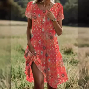 Boho Ethnic Print Midi Dress - Beach Vacation Style