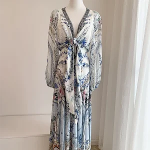 Luxury Blue Printed Silk Wrap Dress with Beaded V Neck - Wedding & Evening Ready