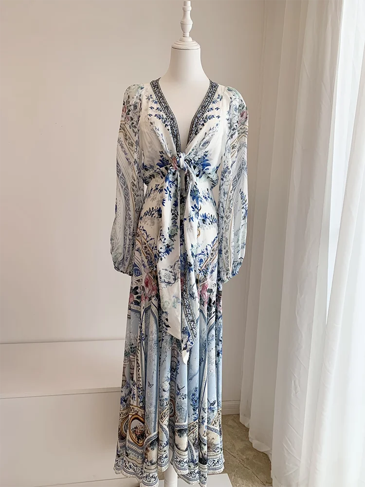 Luxury Blue Printed Silk Wrap Dress with Beaded V Neck - Wedding & Evening Ready