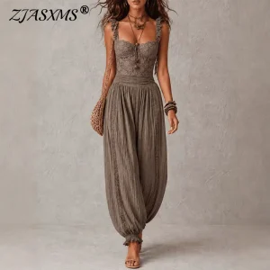 Boho Lace Jumpsuit - Drawstring Ruffle Summer Vacation Style
