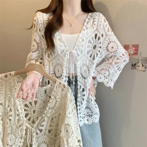 Sunlit Crochet Lace Cardigan with Hollow Knit Details – Beach Vacation & Resort Ready