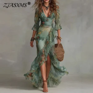 Boho Floral Wrap Maxi Dress with Ruffle Hem - Beach & Holiday Ready