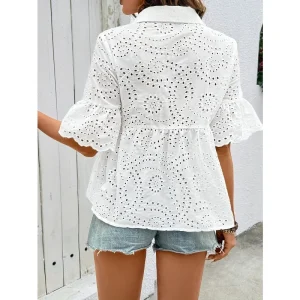 Boho Peasant Top with Hollow Embroidery and Relaxed Beach Fit - Coastal Summer Elegance