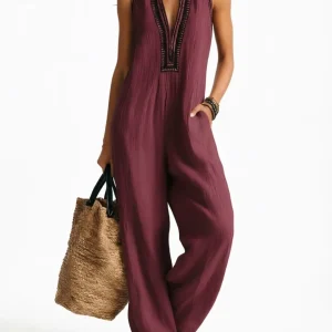 Boho Cotton Linen Wide-Leg Jumpsuit - V-Neck Sleeveless - Summer Ready