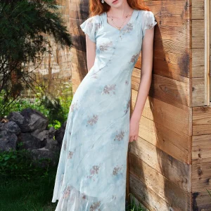 Boho Flutter Sleeve Maxi Dress - 3D Floral Chiffon - Wedding & Resort Ready
