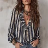 Navy Blue Striped Ruffle Blouse with V-Neckline – Casual Summer Boho Top with Vintage Americana Charm